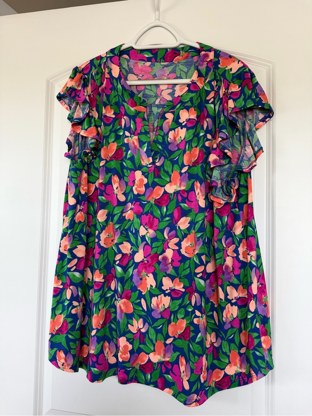 Floral Ruffle Sleeve Women’s Top - Blue/Pink